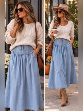 Aerie Chambray Maxi Skirt Smocked Waist